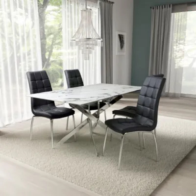 White Marble Effect 1.6m Dining Table Silver Legs 4 Chairs