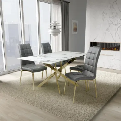 White Marble Effect 1.6m Dining Table Gold Legs 4 Grey Chairs
