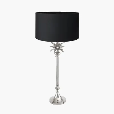 Trafalgar Nickel Metal Palm Tree Table Lamp Base with Harry 30cm Black Cotton Mix Cylinder Lampshade