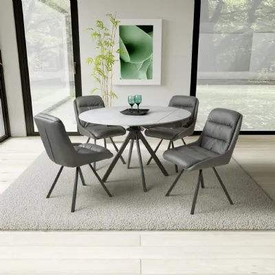 White Marble Effect Top Round Dining Set 4 Grey Chairs