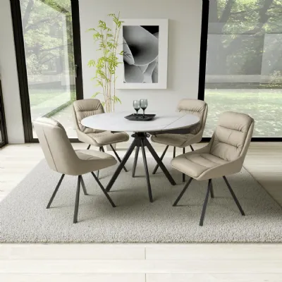 White Marble Effect Top Round Dining Set 4 Cream Chairs