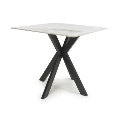 White Ceramic Small 80cm Dining Table Black Metal X Base