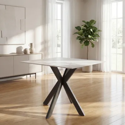White Marble Effect Top Small Dining Table X Shaped Legs