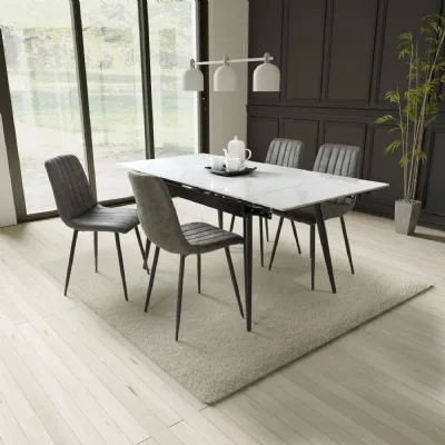 White Marble Effect Top Extending Dining Set 4 Grey Chairs