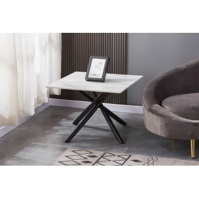 White Ceramic Top Square End Lamp Table with X Frame Legs