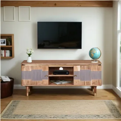 Natural Wood Lacquered 2 Door Wide TV Media Unit