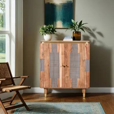 Natural and Grey Wood Lacquered 2 Door Small Sideboard