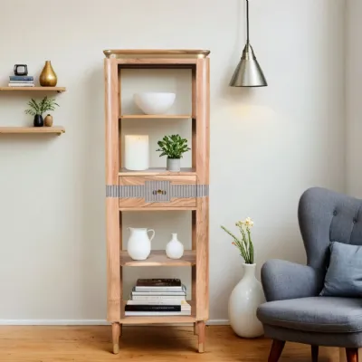 Natural Wood Lacquered 1 Drawer Narrow Slim Open Bookcase