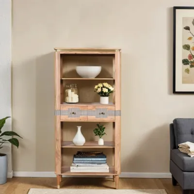 Natural Wood 2 Drawer Large Open Bookcase Lacquered Finish