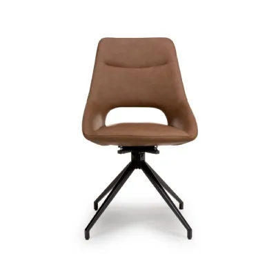 Tan Brown Leather Swivel Dining Chair Black Metal Legs