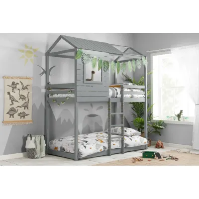 Grey Wood Single Kids Bunk Bed with Ladder and Pitch Roof