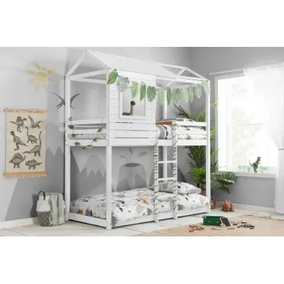 White Wood Single Kids Bunk Bed with Ladder and Pitch Roof