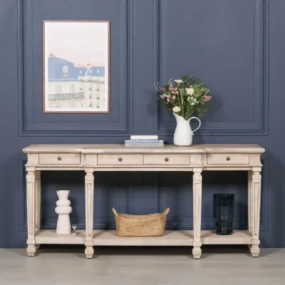 Natural Acacia Wood Large 4 Drawer Breakfront Console Table