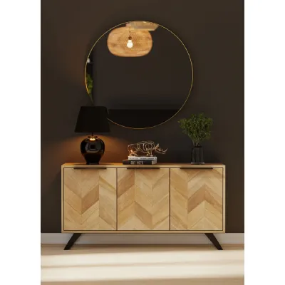 Natural Mango Wood 3 Door Sideboard with Parquet Doors and Black Metal Legs