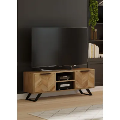 Modern Natural Mango Wood 2 Door TV Unit with Black Metal Legs