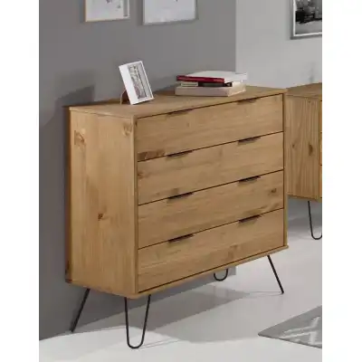 Pine Chest of 4 Drawers Antique Wax Finish Hairpin Metal Legs
