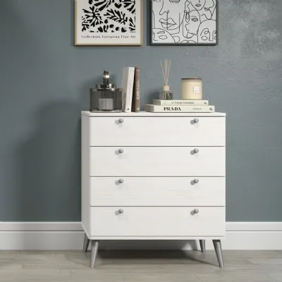 White Wooden Wide Chest of 4 Drawers Grey Legs