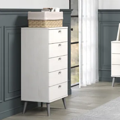 White Wood Narrow Chest of 5 Drawers Grey Legs