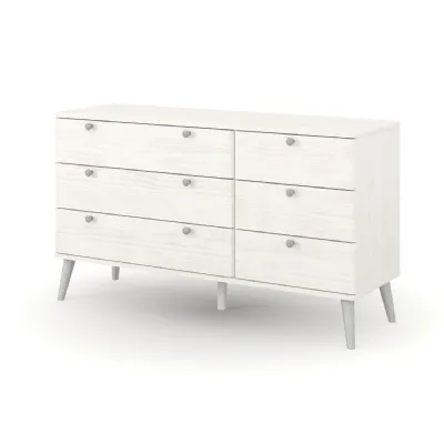 White Wooden Wide Chest of 6 Drawers