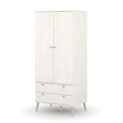 White Wood 2 Door Double Wardrobe with 2 Drawers