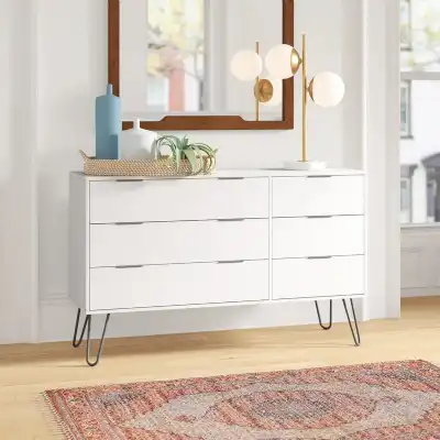 Large White Painted 6 Drawer Wide Chest Of Drawers 119cm on Metal Hairpin Legs