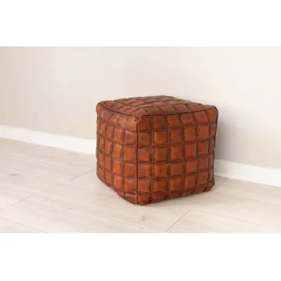 Tan Leather Checked Design Cube Shaped Pouffe