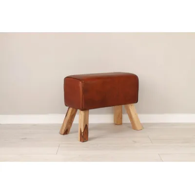 Tan Leather Large Horse Stool with Wooden Legs