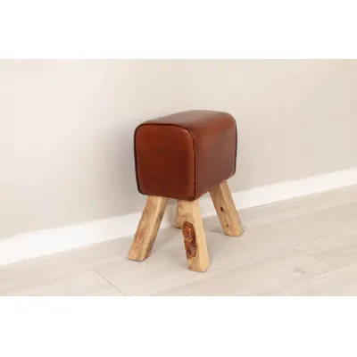 Tan Leather Small Horse Footstool with Wooden Legs