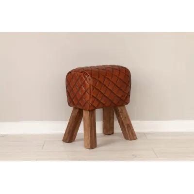 Tan Leather Checked Small Horse Stool with Wooden Legs