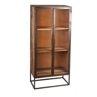 Industrial Reclaimed Wood Glass Front 2 Door Display Cabinet with 2 Shelves