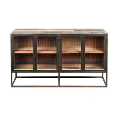 Industrial Natural Reclaimed Wood and Metal 4 Glass Door Sideboard