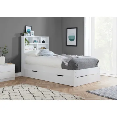 White Wood 1 Drawer Single Bed Open Shelf Headboard
