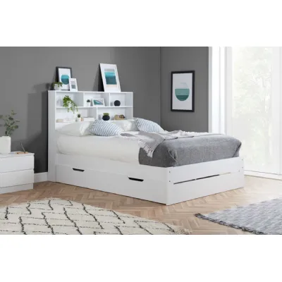 White Wood 1 Drawer Small Double Bed Open Shelf Headboard