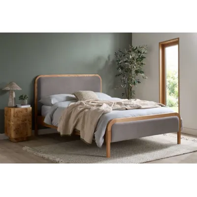 Grey Fabric and Oak 5ft King Size Bed with Linen Headboard