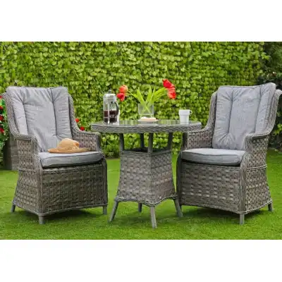 Grey Rattan Bistro Garden Dining Set 2 Armchairs Round Dining Table