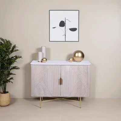 Luxury Marble Top Mango Wood Rectangular 2 Door Sideboard with Gold Iron Frame