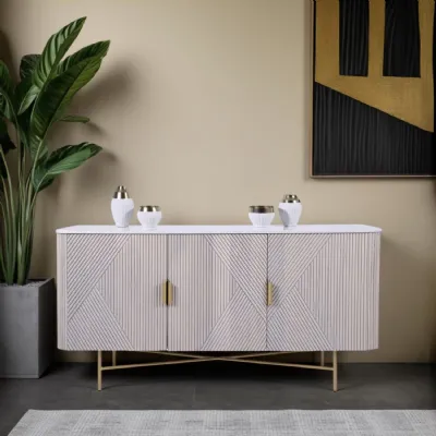 Modern White Fluted Mango Wood 3 Door Sideboard with Marble Top