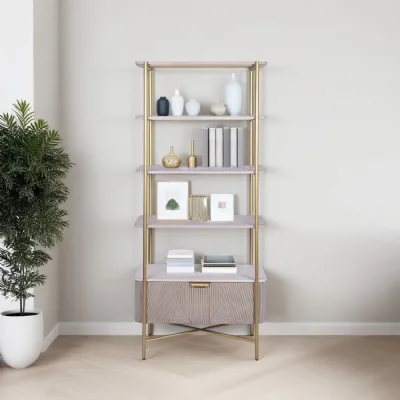 White Marble and Gold Metal Bookshelf with Fluted Mango Wood Base