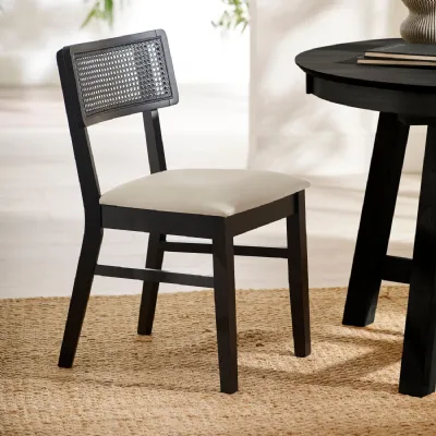 Annika Set Of 2 Satin Black Natural Fabric Rattan Back Dining Chairs