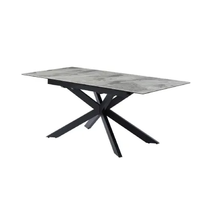 Grey Ceramic and Glass Rectangular Extending Dining Table with Black Iron Base