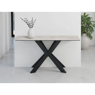 Modern Beige Ceramic and Glass Console Table with Black Metal Crossed Base