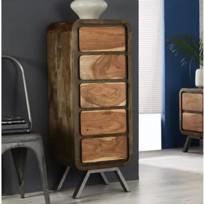 Reclaimed Wood Tallboy 5 Drawer Narrow Chest Metal Legs