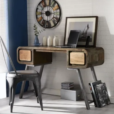 Reclaimed Wood 2 Drawer Desk Console Table Metal Angled Legs