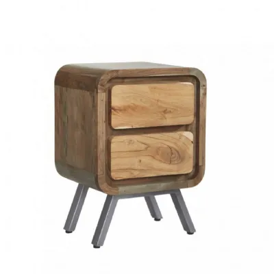 Reclaimed Wood 2 Drawer Lamp Table Metal Angled Legs