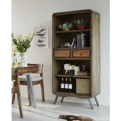 Reclaimed Wood 2 Drawer Open Large Bookcase Metal Legs