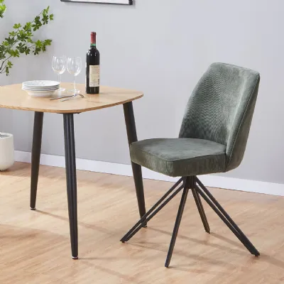 Green Cord Fabric Swivel Dining Chair with Black Metal Legs