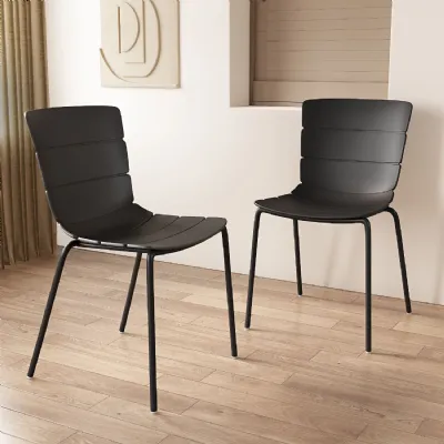 Black Ribbed Design Dining Chair Metal Legs