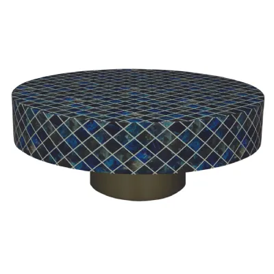 Blue Mosaic Polymer Concrete Round Coffee Table with Antique Gold Base