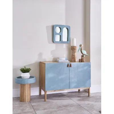 Aqua Blue Polymer Concrete and Natural Wood 2 Door Cabinet