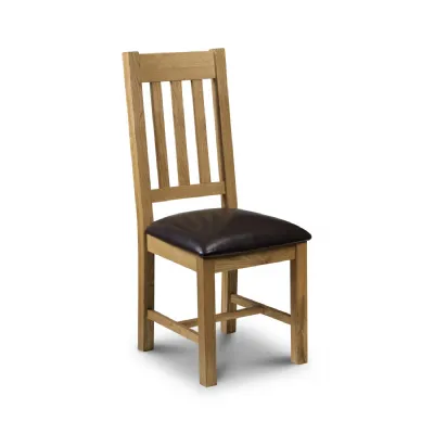 Solid Oak Slat Back Dining Chair with Brown Faux Leather Seat